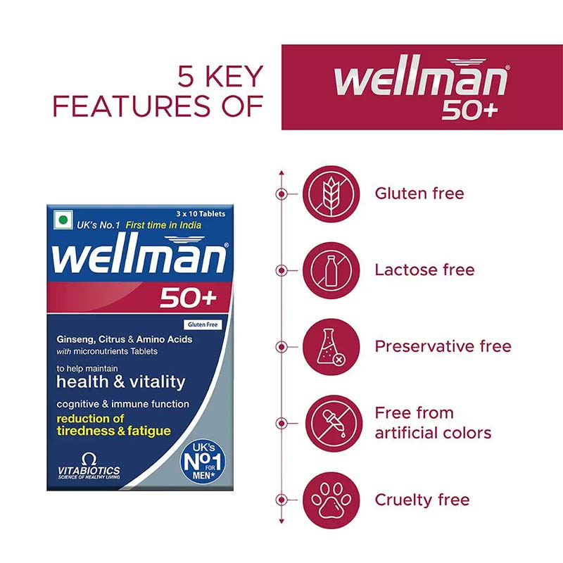 Wellman 50+ Multivitamin Tablets for Men Aged 50 Plus | 30 Veg Tablets
