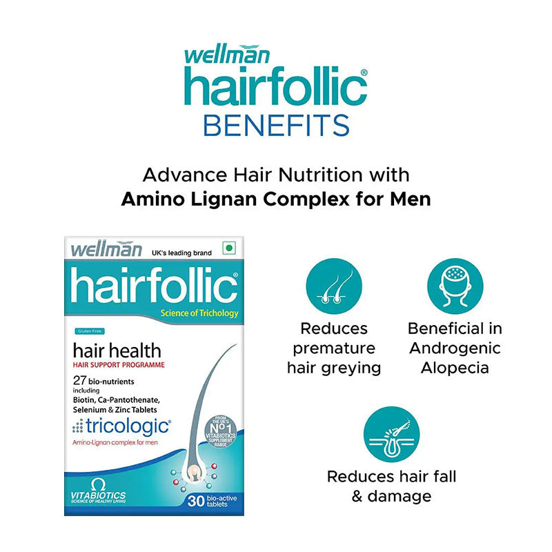 Wellman Hairfollic Hair Supplements for Men | 30 Veg Tablets