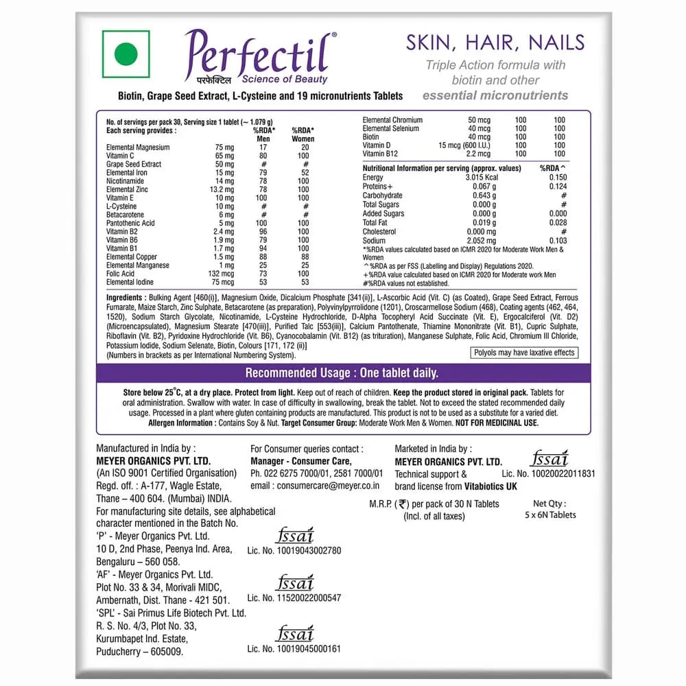 Perfectil Multivitamin for Skin, Hair & Nail for Men & Women | 30 Veg Tablets