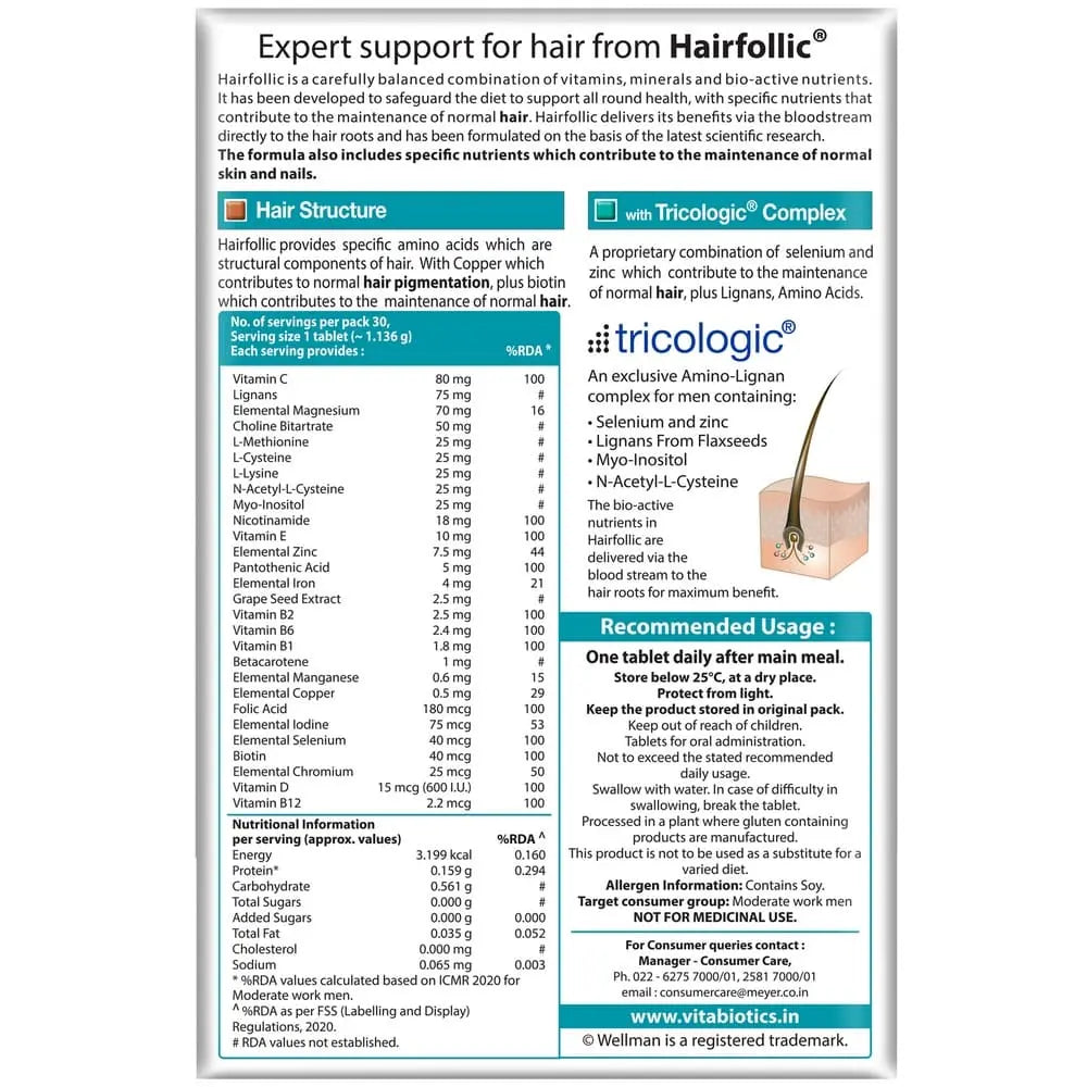 Wellman Hairfollic Hair Supplements for Men | 30 Veg Tablets