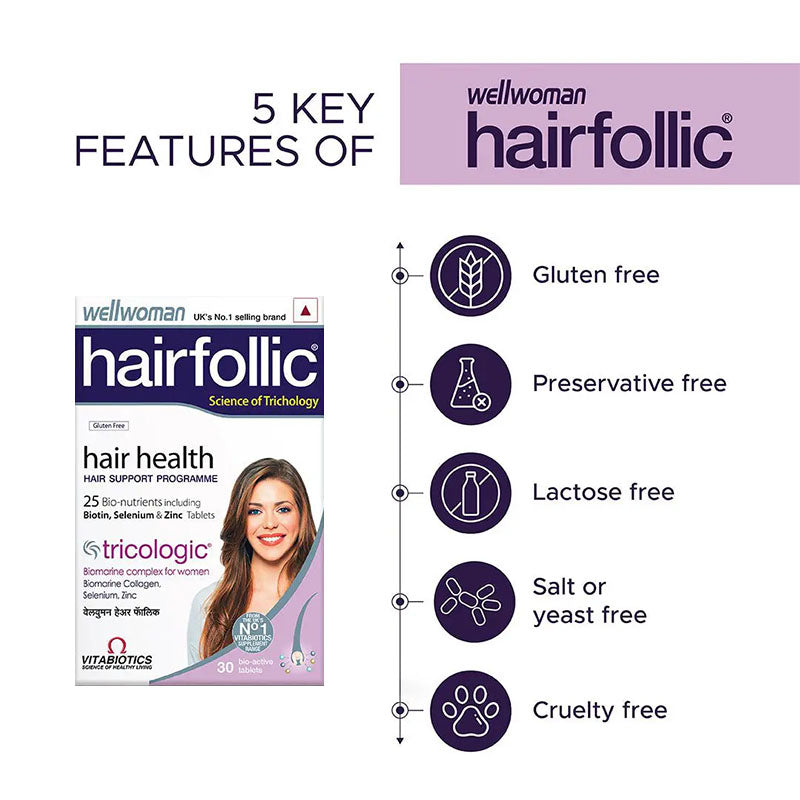 Wellwoman Hairfollic Hair Supplements for Women | 30 Non-Veg Tablets