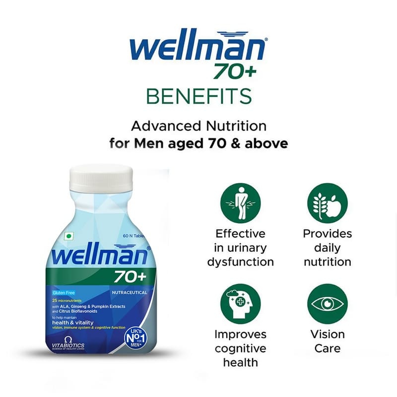 Wellman 70+ Multivitamin Tablets for Men Aged 70 Plus | 60 Veg Tablets (Tub Pack)